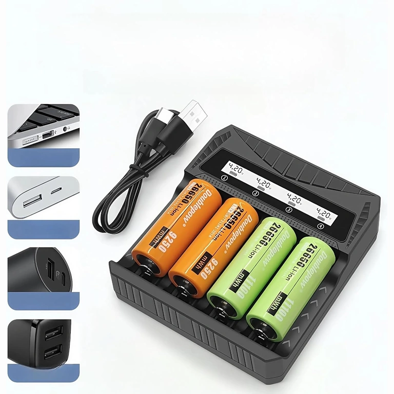 Universele lader met Li-ion batterijen geplaatst