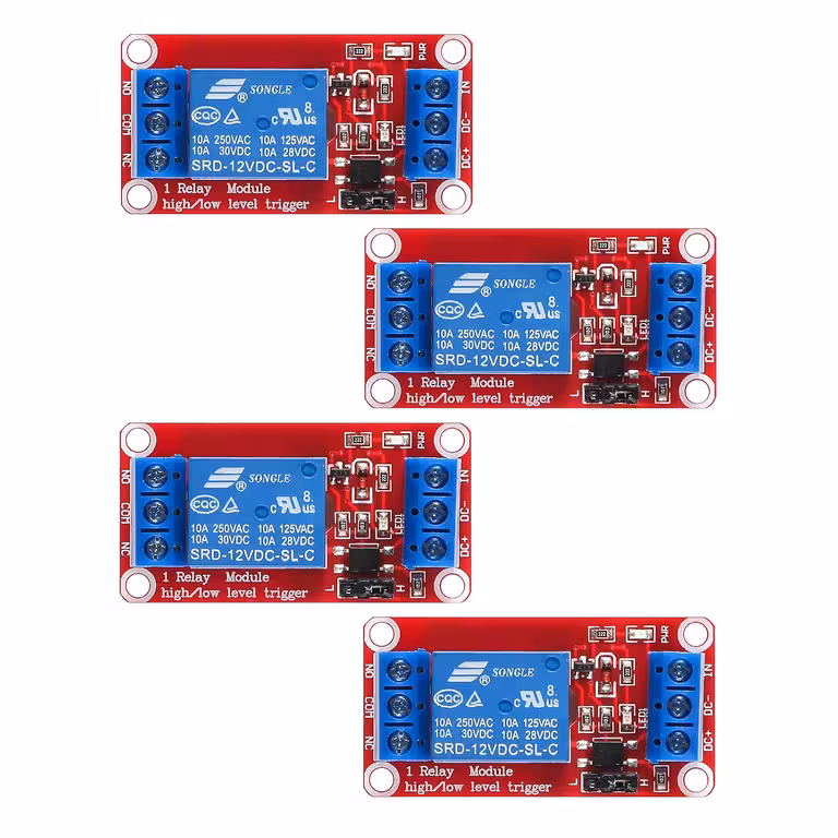 Set van 4: Besturingsrelais 5V / 12V met Optocoupler – 1-Kanaals Module, NC/NO, Trigger Hoog/Laag, 10A