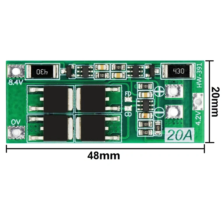 Afbeelding exacte afmetingen BMS 2S 20A 7,4V module, nuttig voor compatibiliteitscontrole in projecten
