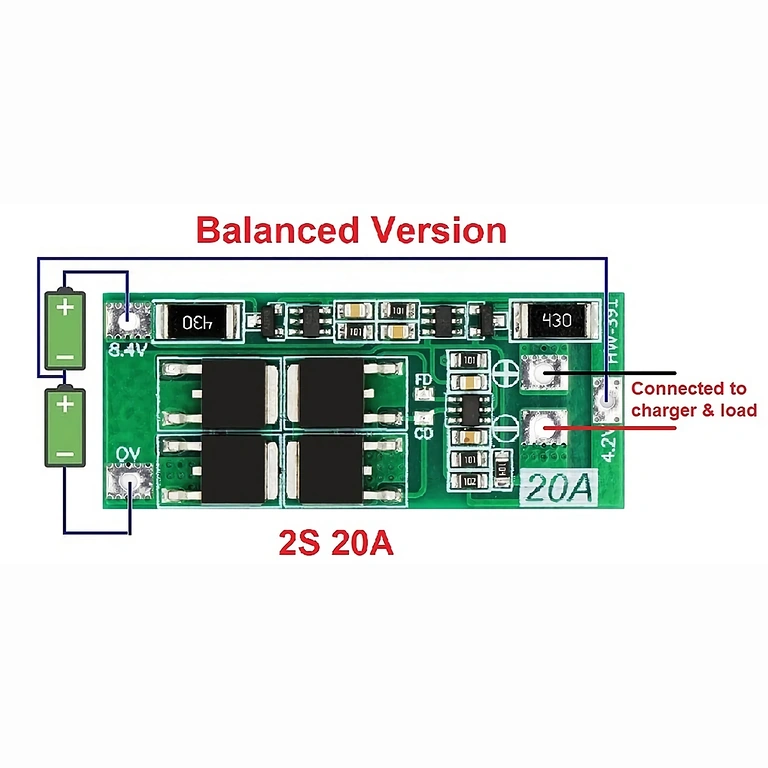 Gedetailleerd aansluitdiagram BMS 2S 20A 7,4V module met balancering, met verbindingen voor batterijen en uitgangen