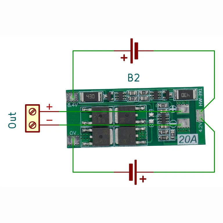 Elektrisch diagram BMS 2S 20A module met balancering, nuttig voor correcte installatie in Li-ion packs