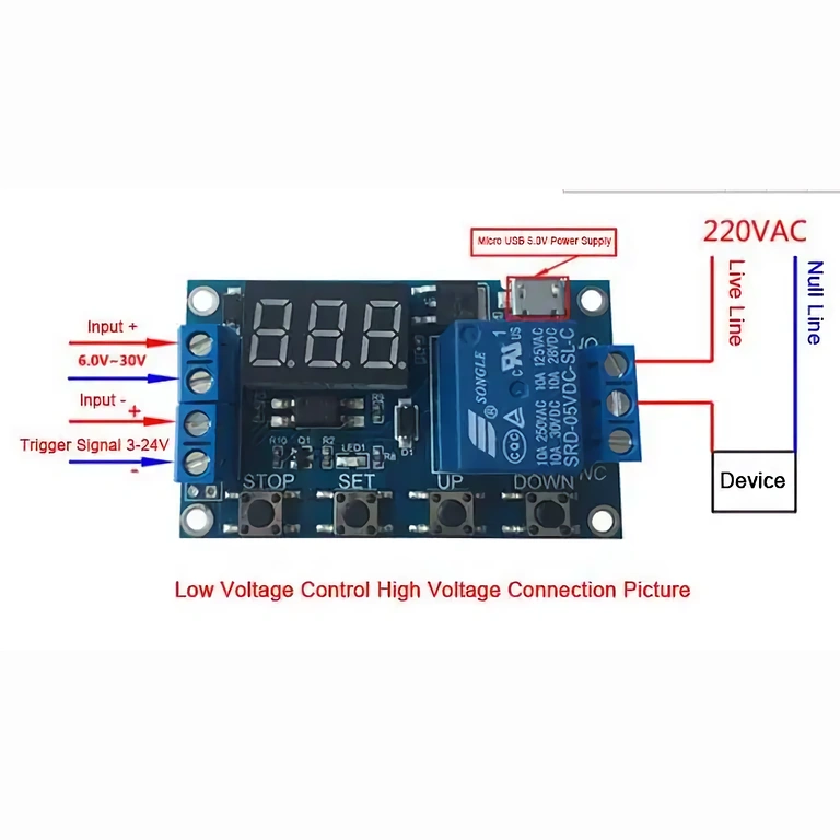 Visuele instructies aansluitingen 6–30V relaismodule met instelbare timer