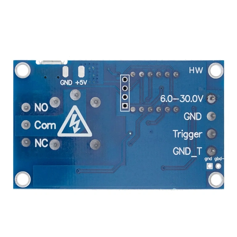 PCB-achterkant relaismodule 6–30V met paden en soldeerzones