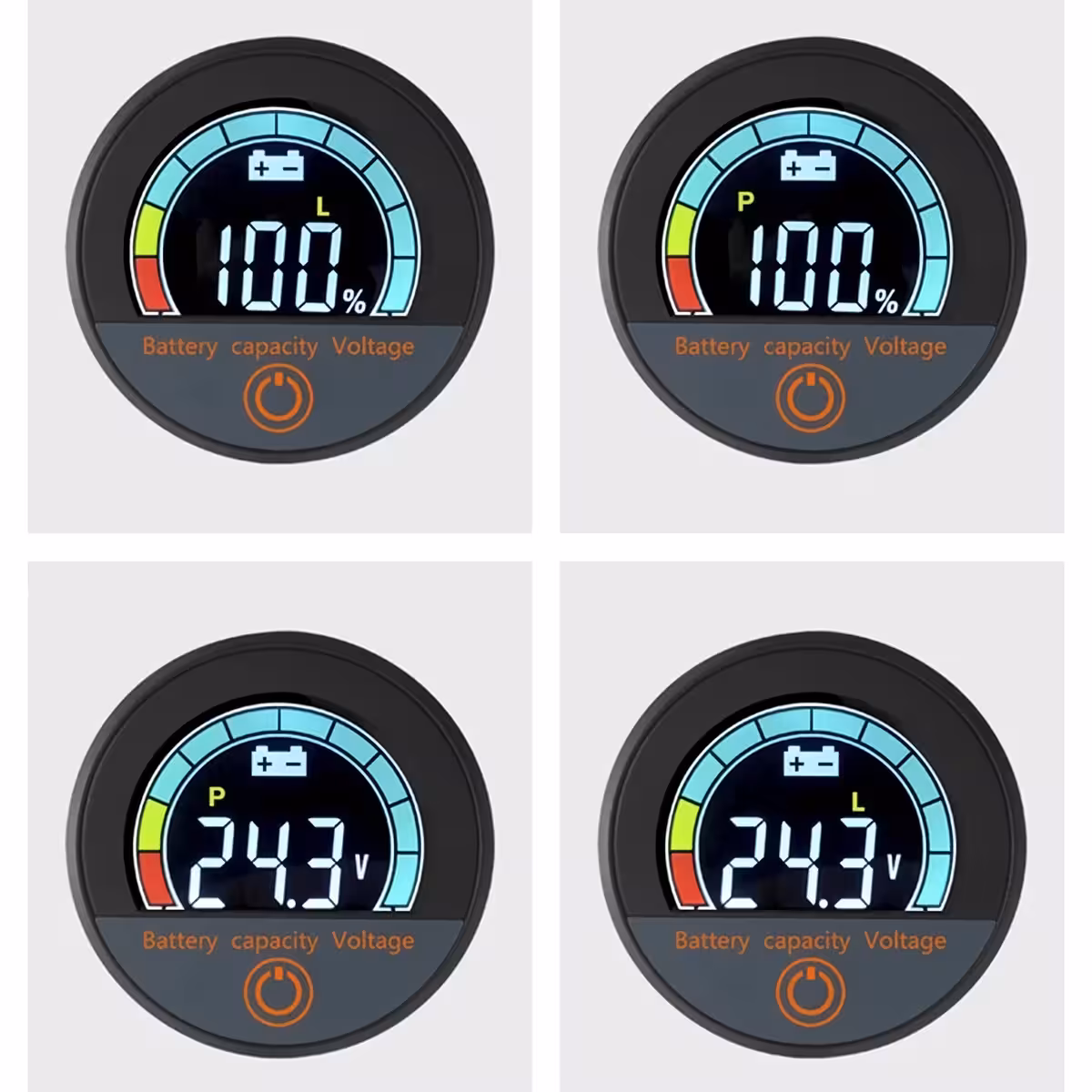 Close-up LCD-scherm digitale indicator, spanning en batterijpercentage display, Li-ion en LiFePO4 12V–72V