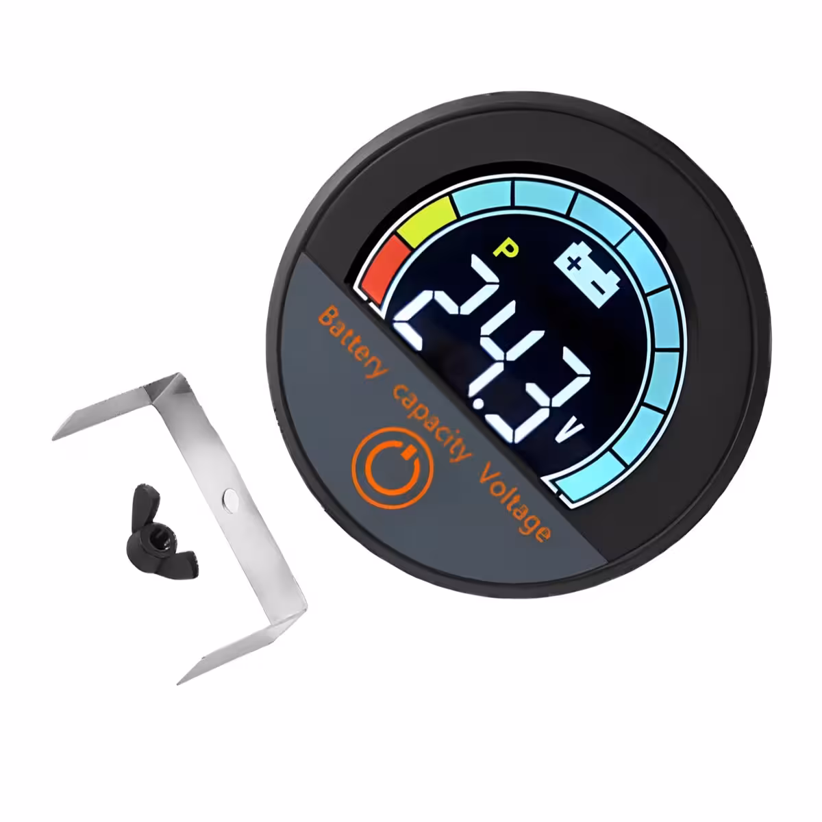 Vooraanzicht digitale module met batterijpercentage en voltmeter, Li-ion en LiFePO4, 12V–72V, voor fiets, step en elektrische scooter