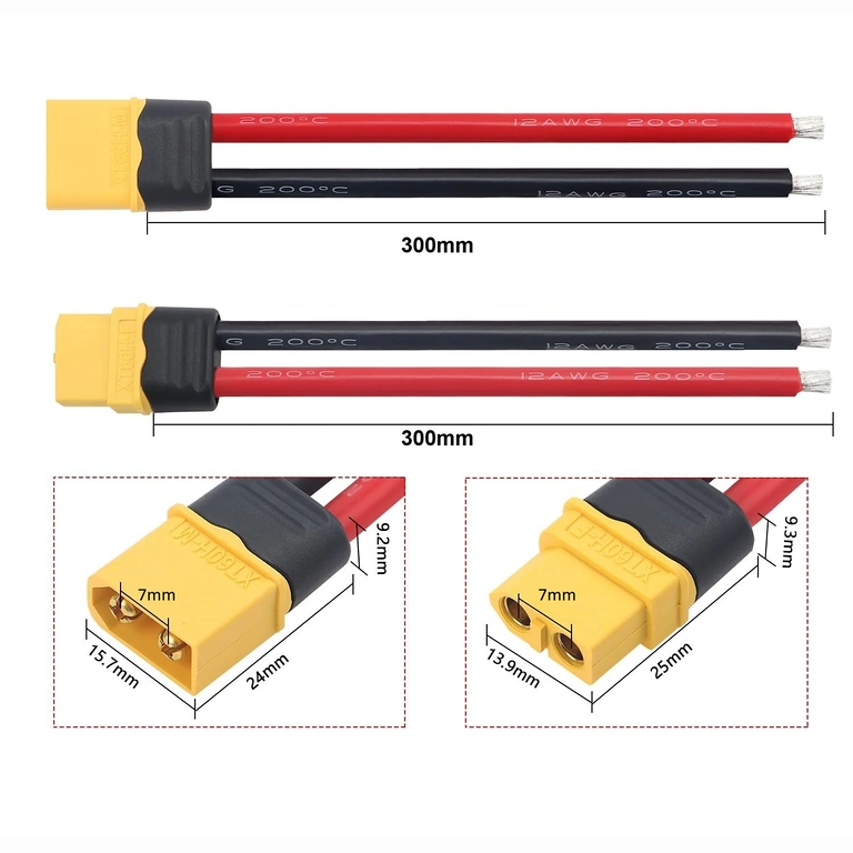 Schets met afmetingen van XT60 mannelijke en vrouwelijke connector