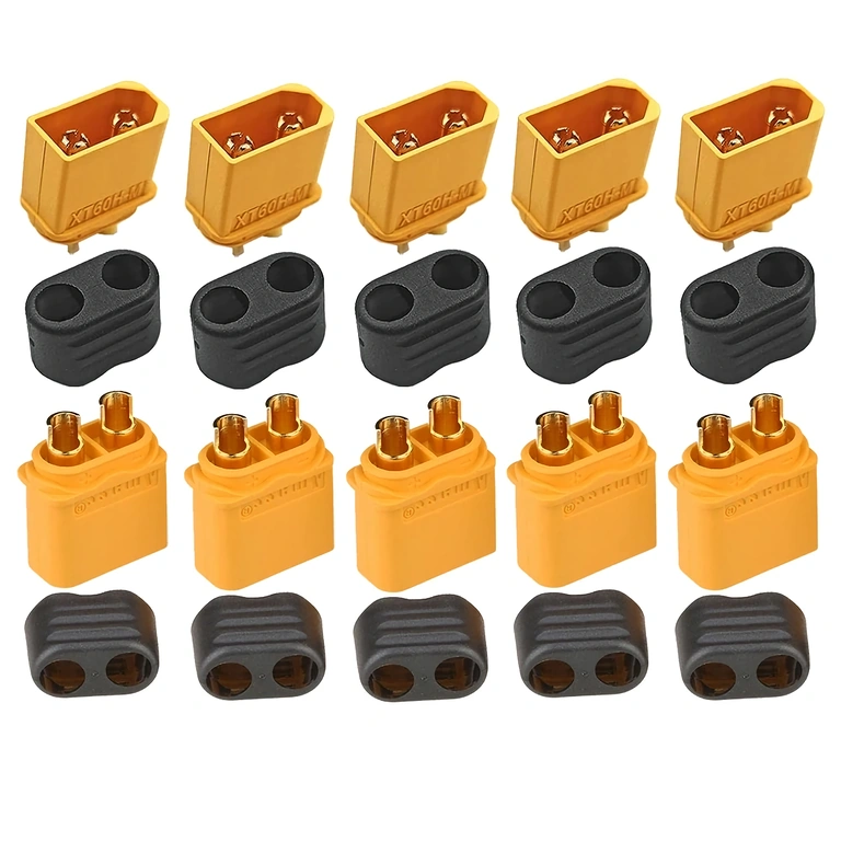 Bovenaanzicht van set van 5 XT60H-connectoren, toont vergulde contacten