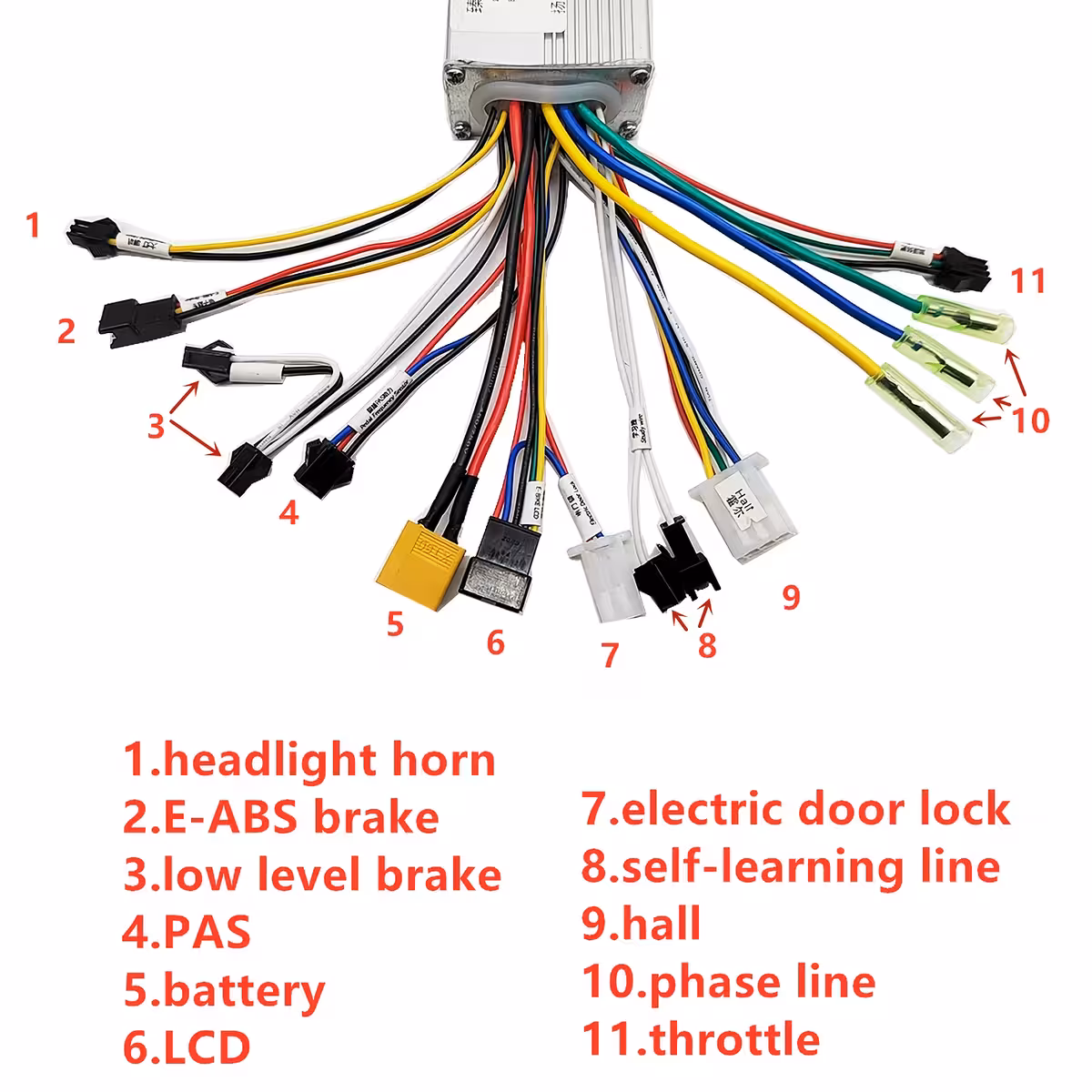 Kabels en aansluitingen van de TF100 controller voor elektrische step 1000W